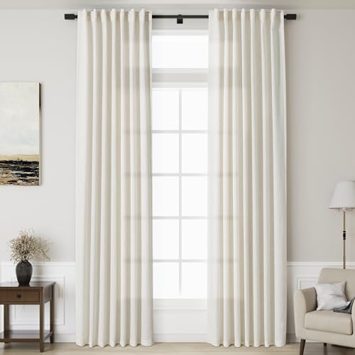 Cream Extra Long Curtain 130 inches Long 2 Panels Set for Living Room Back Tab Modern Farmhouse Coastal Decor Cotton Textured Cream Sheer Linen Curtains for High Window 52x130 (52"W x 130"L (Pack of 2) / Natural)