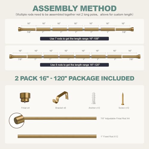 2 Pack Warm Gold Curtain Rods for Windows 66 to 120 Adjustable Length Heavy Duty 1" Diameter Brass Window Rod with Solid Metal Finials for Outdoor Farmhouse Bedroom Kitchen Living Room (Warm Gold / 16"-120"|2 Pack)