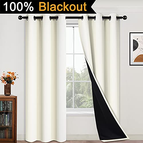 84 Inch Length 100% Blackout Curtains for Bedroom (42"W x 84"L (Pack of 2) / Cream)