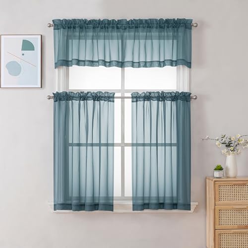 Stone Blue Sheer Curtains 30 inch Length 2 Panels (Stone Blue / 42"W x 30"L (Pack of 2))