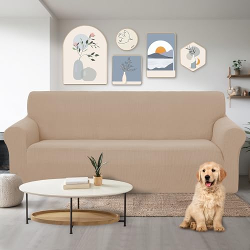 Stretch Couch Cover Sofa Covers for 3 Cushion Couch Slipcover with Elastic Bottom Furniture Protector for Dogs (Camel / Sofa)