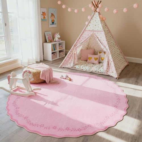 Large Round Rug 8ft Scalloped Washable Circle Living Room Rug (Pink / 8' (Round))