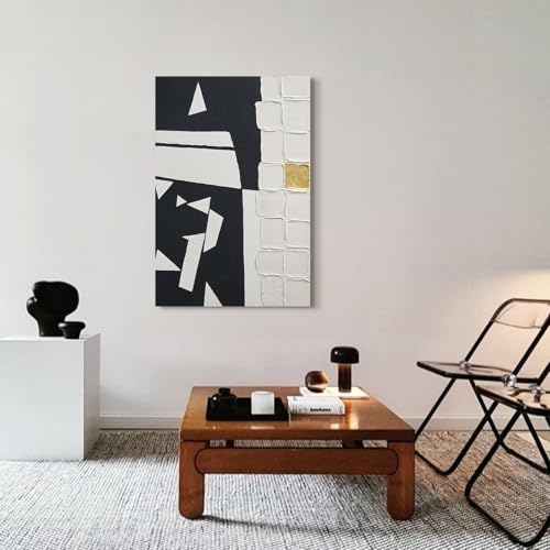 Modern Black & White Abstract 3D Textured Canvas Wall Art with Gold Leaf (Black White / 24"L x 36"W)