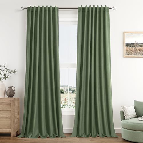 Olive Green 100% Blackout Curtains 108 Inch Length 2 Panels Set for Living Room Bedroom Back Tab Thermal Insulated Black Out Linen Drapes Room Darkening Window Curtains 52x108 (Olive Green / 52"W x 108"L (Pack of 2))