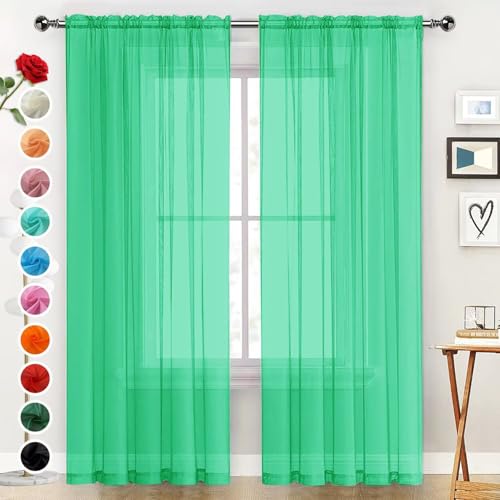 Basic Rod Pocket Sheer Voile Window Curtain Panels Grass Green 1 Pair 2 Panels 52 Width 54 Inch Long for Kitchen Bedroom Children Living Room Yard（Grass Green (Grass Green / 52"W x 54"L (Pack of 2))