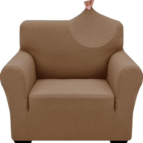 1 Piece Jacquard Chair Slipcovers for Living Room High Stretch Chair Covers with Arms Anti Slip Pets Friendly Couch Sofa Armchair Cover Furniture Protector (Small (31"-46") / New Pattern Light Coffee)