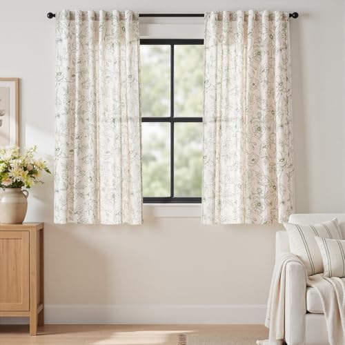 Floral Linen Curtains for Living Room 63 Inch Length Green Flower Curtain Rod Pocket Back Tab Farmhouse Curtains with Printed Floral Bedroom Window Curtain Set (Penny Green on Ecru / 50"W x 63"L (Pack of 2))