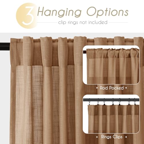 Brown Curtains for Living Room Back Tab Modern Farmhouse Semi Sheer Curtains 102 inches Long 2 Panels Set Muted Neutral Window Curtain for Dining Room Bedroom 52x102 (Brown / 52"W x 102"L (Pack of 2))