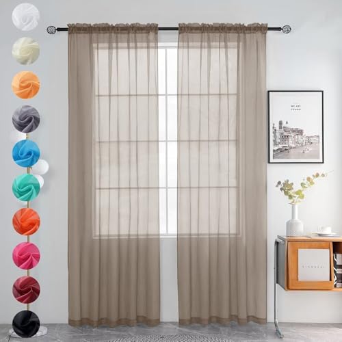 Solid Sheer Rod Pocket Curtain Voile Draperies 2 Panels White Beige Black Grey Ivory 52 Inch Width 45 Inch Long 1 Pair for Kitchen Bedroom Children Living Room Yard (Taupe / 52"W x 45"L (Pack of 2))