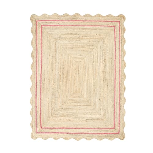 Wave Scalloped Jute Rug Entryway Natural Boho Area Rug Dark Pink 5'x7' (5'x7' / Dark Pink)