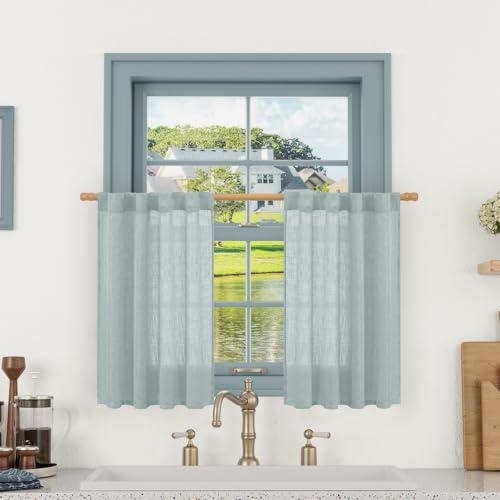 Semi Sheer Linen Curtains 36 Inch Length 2 Panels for Small Window (Greyish Blue / 25"W x 36"L (Pack of 2))