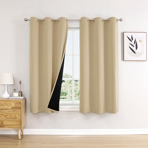 100% Blackout Curtains for Bedroom 45 Inches Long 2 Panels Set (42"W x 45"L (Pack of 2) / Beige)