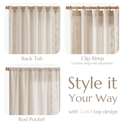 Floral Lined Linen Curtains 84 Inch Farmhouse Back Tab 2 Panels (Ivory / 50"W x 84"L (Pack of 2))