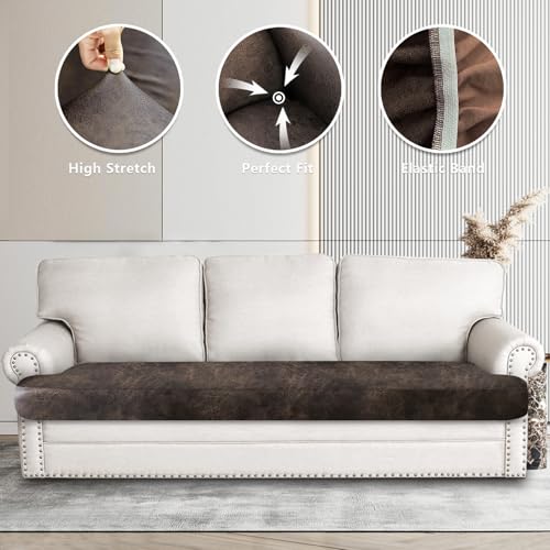 Leather Look Couch Cushion Covers Sofa Seat Slipcovers Sets Couches Furniture Protector for Sectional Armchair Loveseat Pets Kids Stretch Spandex Fabric (1 T-Cushion Sofa / Brown)