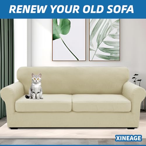 3 Piece Stretch Sofa Cover (71"-91"(2 Cushions) / Light Beige)