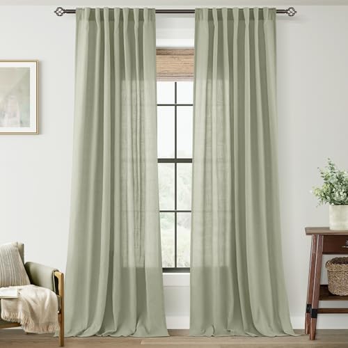 Linen Blend Sage Green Curtains 108 inch Length 2 Panels for Bedroom Back Tab Light Filtering Semi Sheer Drapes Linen Cotton Textured Light Green Airy Modern Farmhouse Living Room Sage Aesthetic Decor (Sage Green / 52"W x 108"L (Pack of 2))
