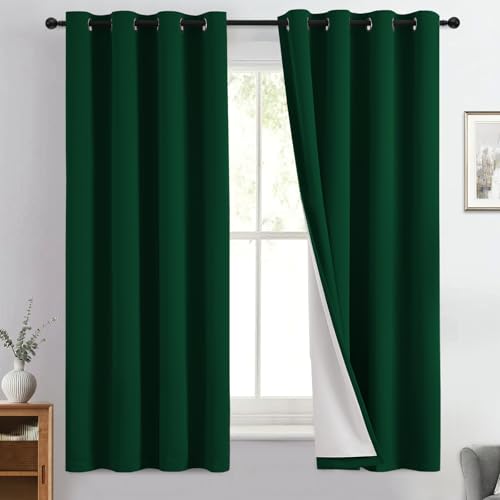 Dark Green 100% Blackout Curtains 63 Inches Long 50" Wide 2 Panels (50"W x 63"L (Pack of 2) / Dark Green With White Backing)