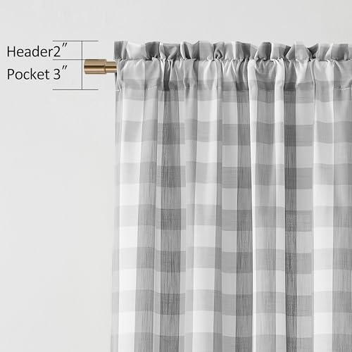 Short Buffalo Plaid Semi Sheer Curtains 63 Inches Length (Gray/White / 52"W x 63"L (Pack of 2))