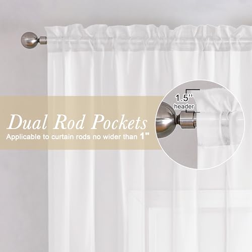 36 Inch White Sheer Curtains Tiers 2 PCS with Dual Rod Pockets (White / 40"W x 36"L (Pack of 2))