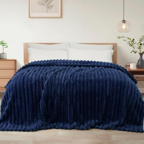 Striped Twin Size Fleece Blanket for Bed (Navy Blue / Twin ( 60x80 IN ))