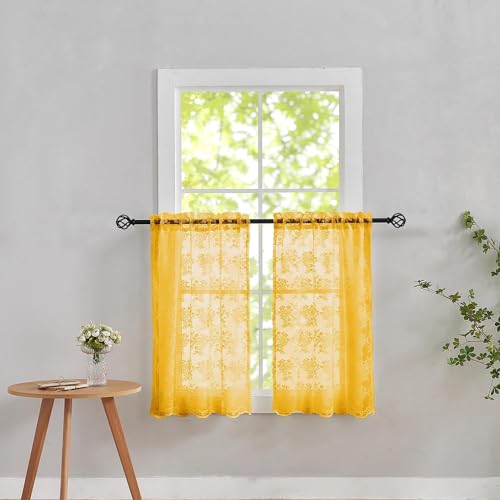 Vintage Lace Curtains Short (Mustard Yellow / 26"W x 30"L (Pack of 2))