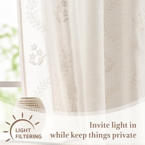 White Floral Linen Kitchen Tier Curtains 50x45 Inch 2 Panels (A| Off White / 50"W x 45"L (Pack of 2))