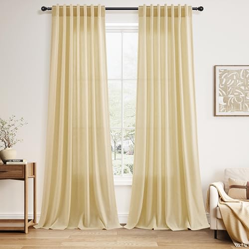 Cream Yellow Linen Curtains 90 Inches Long for Living Room Light Filtering Modern Farmhouse Sheer Curtains Back Tab and Rod Pocket Curtain for Bedroom Office 52x90 (52"W x 90"L (Pack of 2) / Cream Yellow)