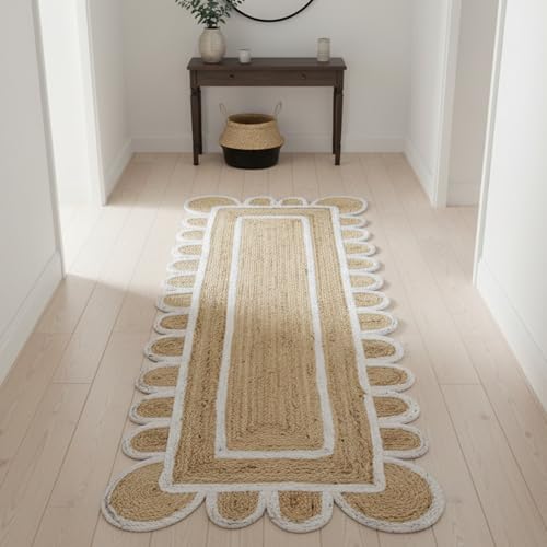 Scalloped Natural Jute Area Rug Handwoven Boho Farmhouse Rug for Living Room (White / 2'6" x 18' (Runner))