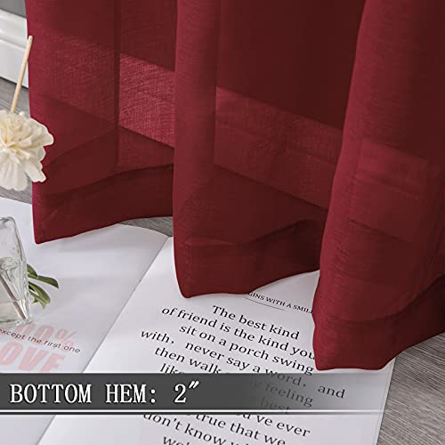 Short Sheer Curtains Linen Textured Living Room Curtain Sheers Light Filtering Rod Pocket Voile Curtains for Bedroom (42"W x 45"L (Pack of 2) / Burgundy Red)