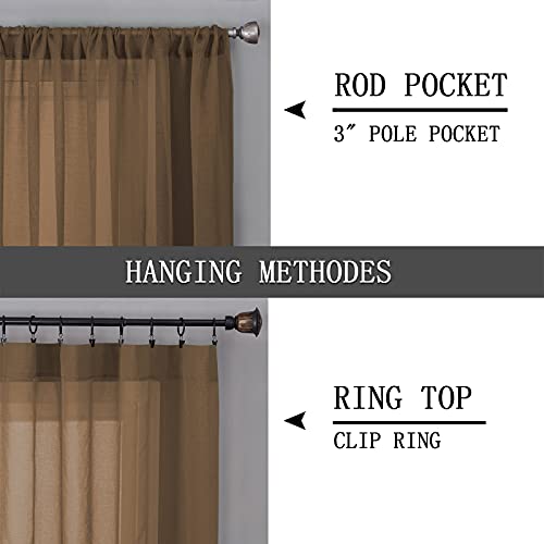 Short Sheer Curtains Linen Textured Bedroom Curtain Sheers Light Filtering Rod Pocket Voile Curtains for Living Room (54"W x 45"L (Pack of 2) / Brown)