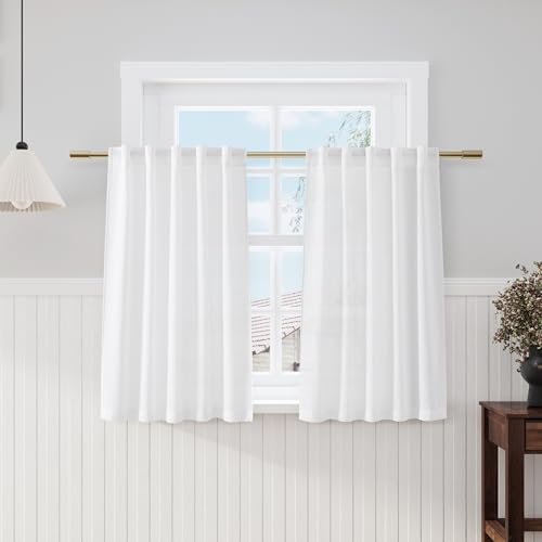 White Linen Semi Sheer Cafe Curtains 36 Inch Length 2 Panel Set Back Tab Pocket Design for Small Bathroom Kitchen Windows Modern Farmhouse Coastal Decor 40x36 (40"W x 36"L (Pack of 2) / White)