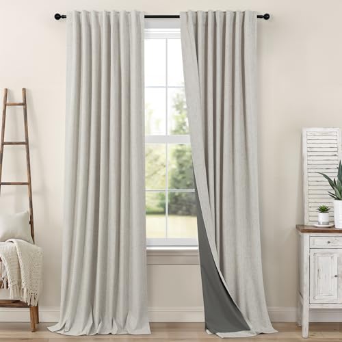 Linen Blackout Curtains 84 Inch Length 2 Panels Set for Living Room Bedroom Back Tab Thermal Insulated 100% Black Out Linen Drape Room Darkening Window Curtain 84 Inch Long Stone Taupe Birch Tan Beige (Stone / 52"W x 84"L (Pack of 2))