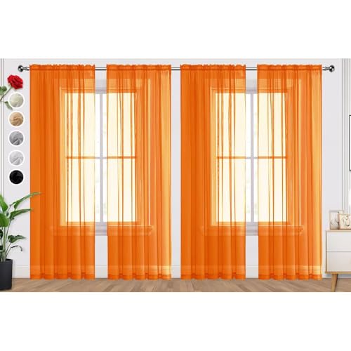 Orange Sheer Curtains 4 Panels Rod Pocket Semi (Orange / 52"W x 72"L (Pack of 4))