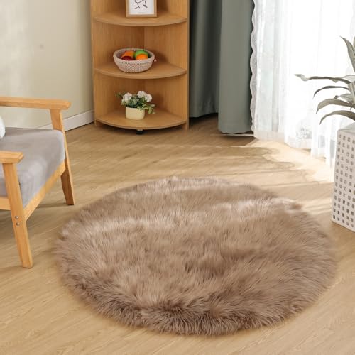 Circle Rugs for Bedroom 3ft Brown Beige Round Shag Faux Fur Rug Washable Fluffy Rugs for Living Room Small Area Rug Throw Soft Rug Room Decor (3' (Round) / Beige)