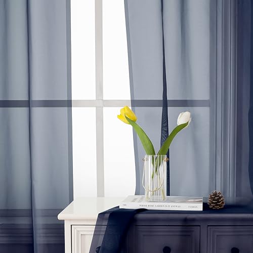 Volie Sheer Curtains Blue Tiers 36 Inches Long 2 Pieces Set (Navy Blue / 40"W x 36"L (Pack of 2))