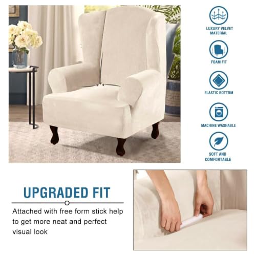 Wingback Chair Covers Velvet Plush Wing Chair Slipcover 1 Piece High Stretch Wing Back Chair Slipcovers Sofa Cover Furniture Cover with Elastic Bottom (Ivory / Wing Chair)