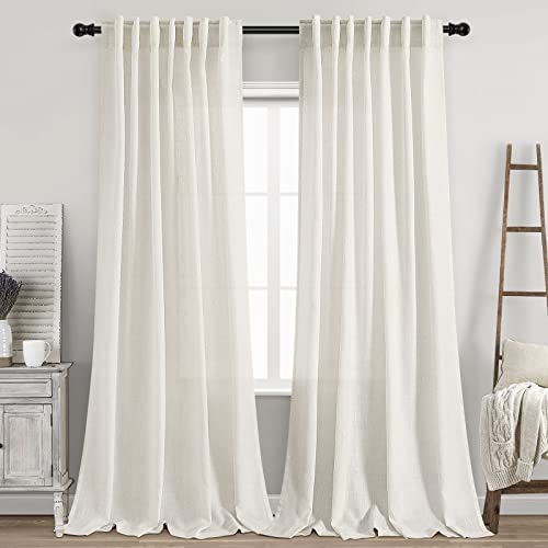 2 Panels Set Cream Linen Curtains 100 inches Long for Living Room Extra Long Back Tab Curtains Neutral Farmhouse Light Filtering Semi Sheer Linen Drapes Ceiling to Floor for Large Window Ivory (52"W x 100"L (Pack of 2) / Natural)