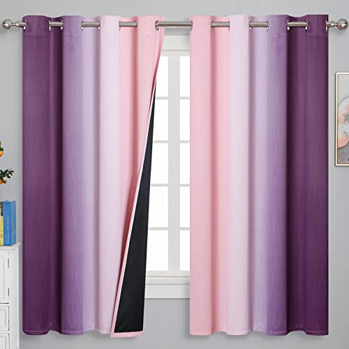 Pink and Purple Ombre Blackout Curtains for Girls Bedroom 63 Inches Long (Pink and Purple / 52"W x 63"L (Pack of 2))