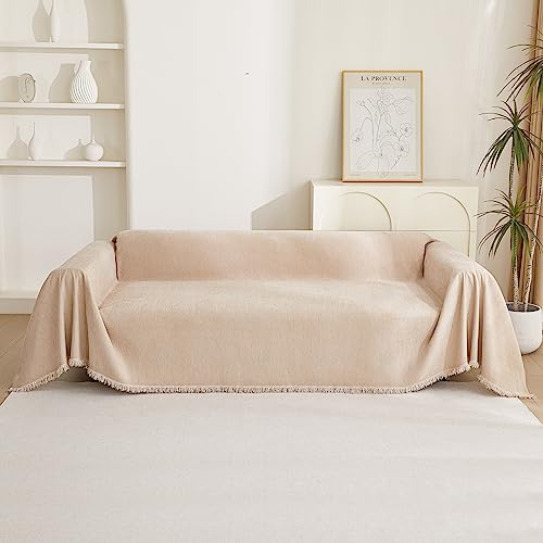 Couch Cover 3 Cushion Sofa With Tassel Chenille Slipcover for Sectional L Shaped Furniture (71" x 150" / Tassels Edge-khaki)