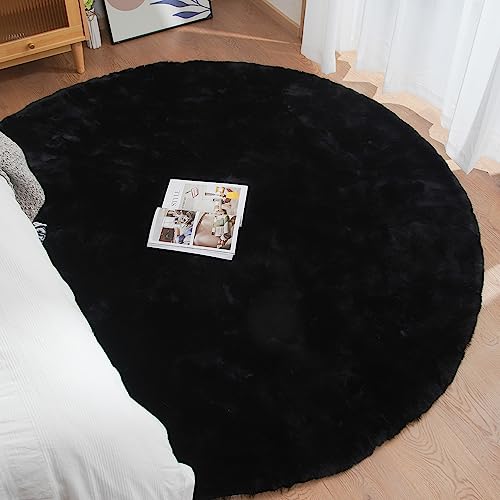 Black Round Area Rug 5ft Washable Faux Fluffy Fur Rug for Bedroom Circle Nursery Rug for Living Room Girl Room Cute Décor (5' (Round) / Black)