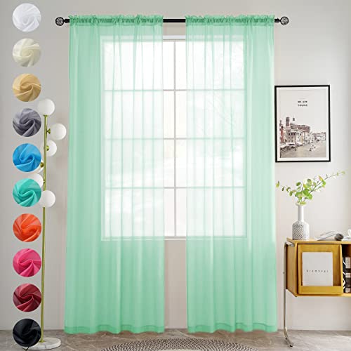 Solid Sheer Rod Pocket Curtain Voile Draperies 2 Panels White Beige Black Grey Coffee 52 Inch Width 90 Inch Long 1 Pair for Kitchen Bedroom Children Living Room Yard (Light Green / 52"W x 90"L (Pack of 2))