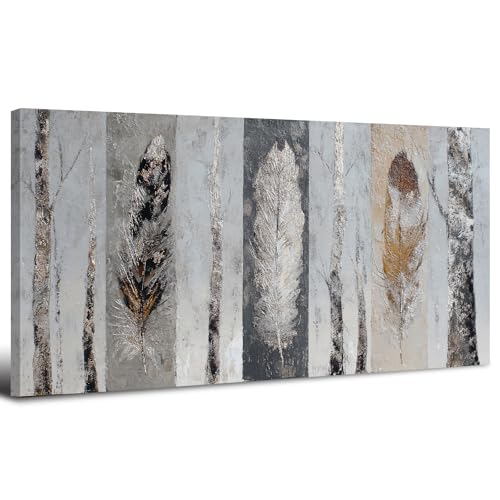 Feather Wall Art Living Room Decor Boho Rustic Farmhouse Canvas Pictures Western Modern Aesthetic Prints Dining Room Decor Neutral Minimalist Feather Canvas Artwork for Bathroom Home Decorations 20x40" (40"L x 20"W / Feather)