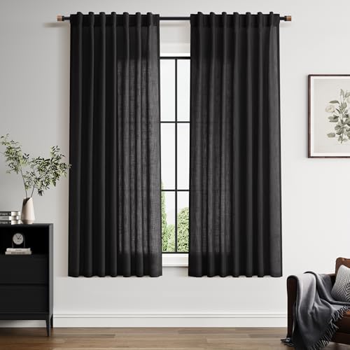 Vintage Black Linen Curtains 63 Inch Length for Living Room Light Filtering Semi Sheer Curtain Back Tab and Rod Pocket Privacy Luxury Gothic Vintage Decor Drapes for Bedroom Office 52x63 (52"W x 63"L (Pack of 2) / Vintage Black)