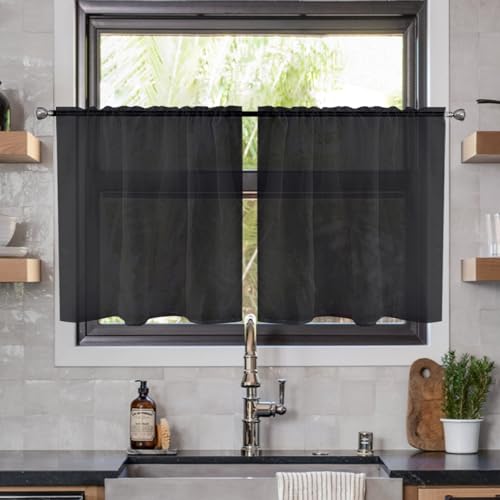 Solid Sheer Rod Pocket Curtain Voile Draperies 2 Panels White Beige Black Ivory Coffee 26 Inch Width 40 Inch Long 1 Pair for Kitchen Bedroom Children Living Room Yard (Black / 26"W x 40"L (Pack of 2))