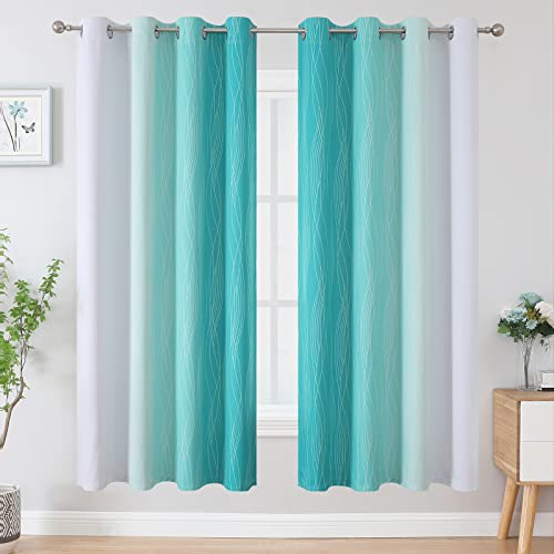 Teal and Grayish White Ombre Blackout Curtains for Living Room 72 Inch Long (Teal and Greyish White / 52"W x 72"L (Pack of 2))