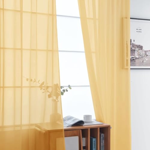 Basic Rod Pocket Sheer Voile Window Curtain Panels Gold 1 Pair 2 Panels 52 Width 72 Inch Long for Kitchen Bedroom Children Living Room Yard（Gold (Gold / 52"W x 72"L (Pack of 2))