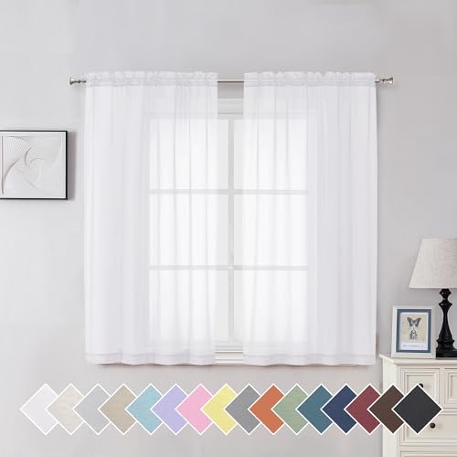 White Sheer Curtains 54 inch Length Living Room Short Voile Drapes Solid Sheers Cafe Curtains Voile Bathroom Small Window Curtain 2 Panels Set (40"W x 54"L (Pack of 2) / White)
