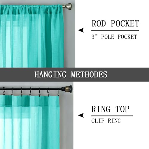 Sheer Curtains Living Room Linen Textured Curtain Sheers Light Filtering Voile Rod Pocket Curtains for Bedroom (38"W x 63"L (Pack of 2) / Aqua Blue)