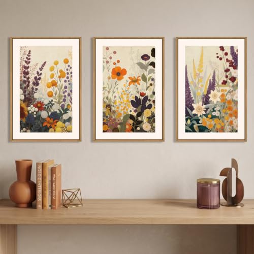 Large Retro Boho Vibrant Floral Framed Canvas Wall Art Set (Colorful Floral Wall Art / 24"L x 36"W)