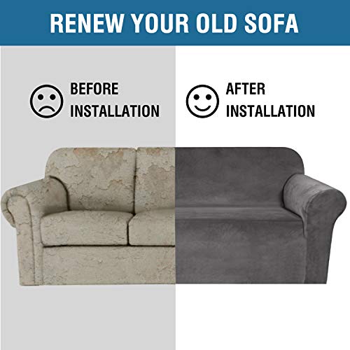 Stretch Velvet Sofa Covers for 3 Cushion Couch Covers Sofa Slipcovers Furniture Protector Soft with Non Slip Elastic Bottom (Charcoal Gray / Sofa)